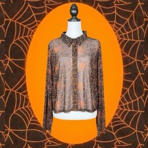 Foxblood Goth Black & Orange Mesh Spiderweb Button Down Long Sleeve Top 4XL